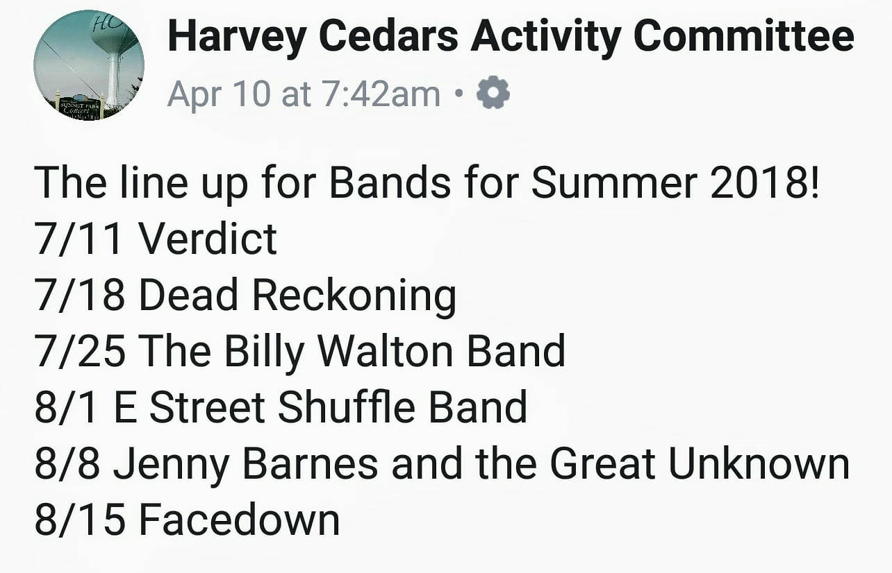 Harvey Cedars Summer Concert Schedule Joy Luedtke Real Estate, LLC