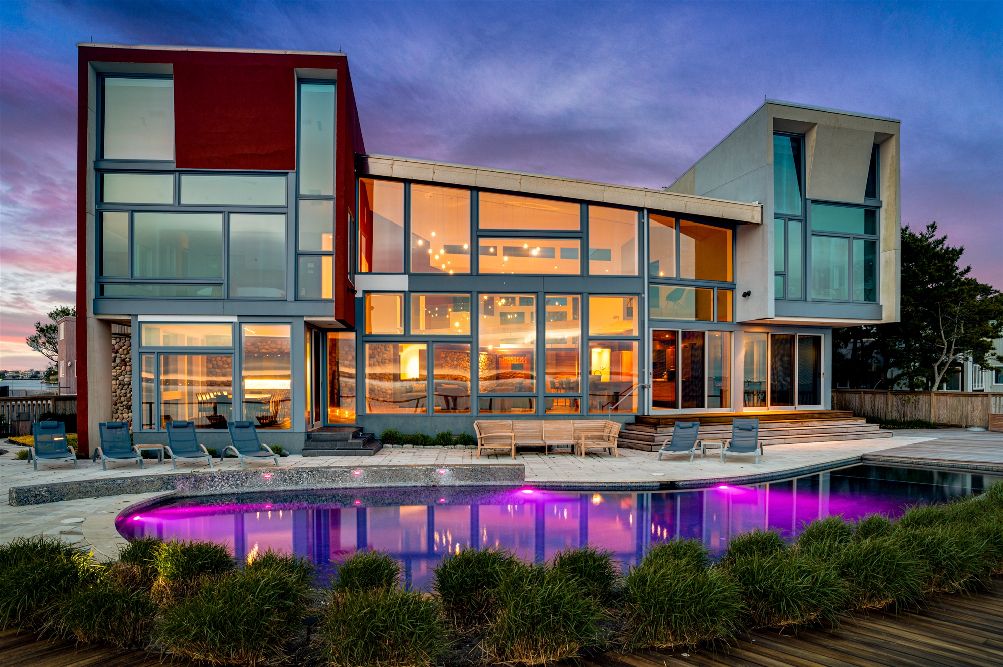 Pool at dusk with lighting